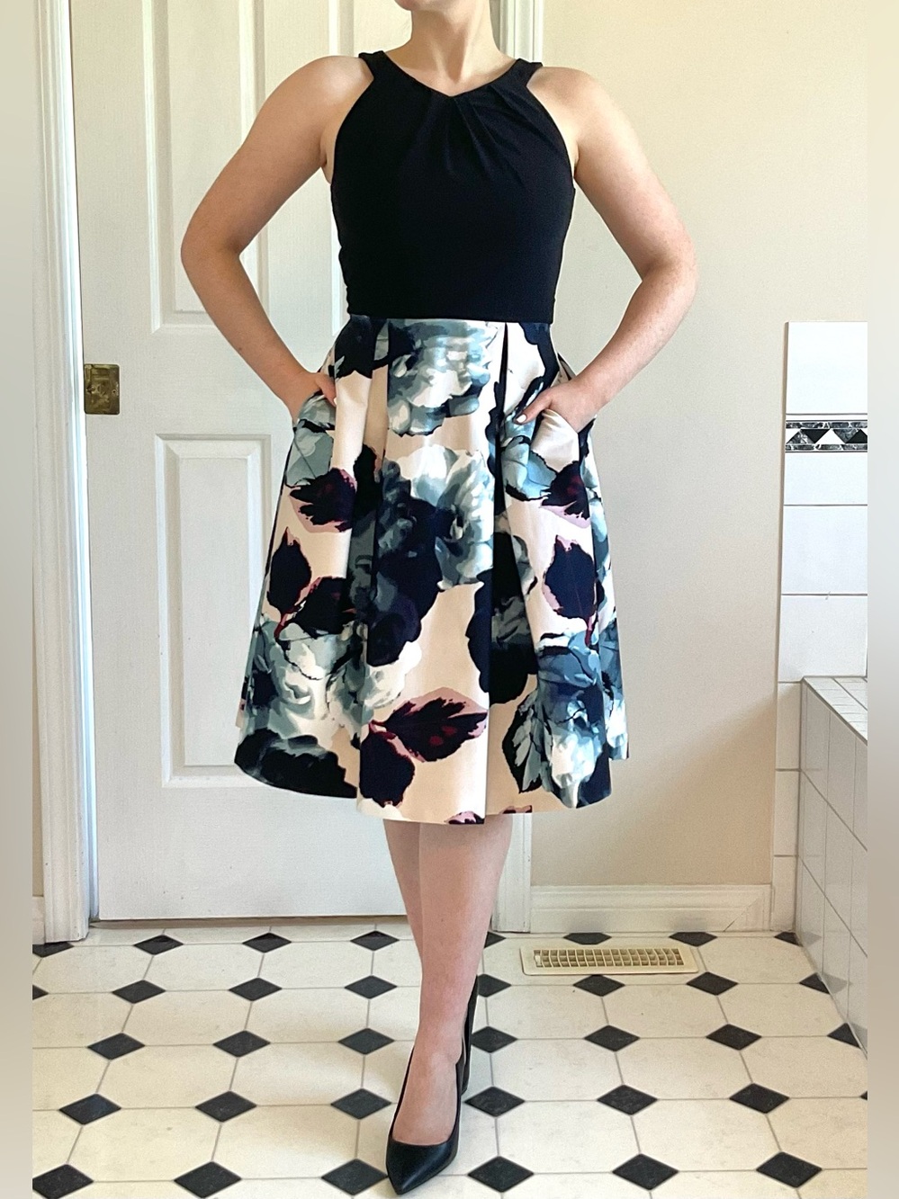 le chateau Black Dress with Cream and Blue Floral Skirt with Mulberry accents